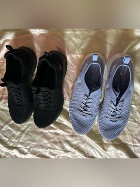 Pair of Size 9 Skechers Slip-On Knit Sneakers — Black & Light Blue